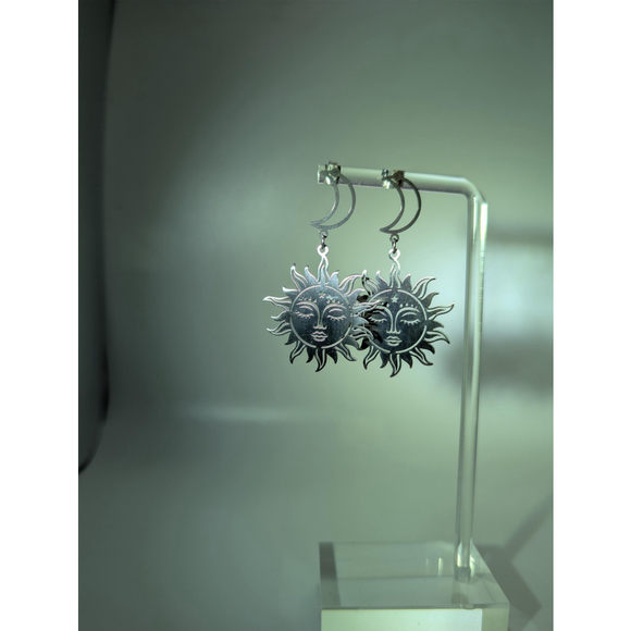 Celestial Sun and Moon Earrings, Stainless Steel Dangle Stud Earrings - Picture 2 of 15